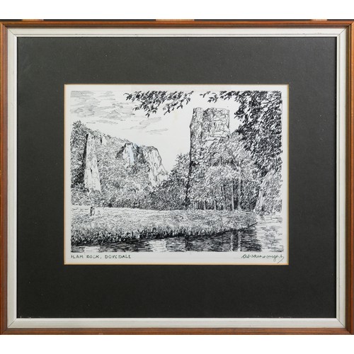 163 - ALFRED WAINWRIGHT (1907-1991)'Ilam Rock, Dovedale'Pen + ink sketch of the Dove valley, signed and ti... 