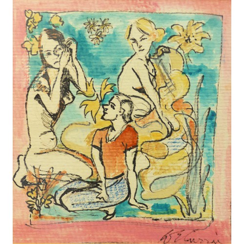 241 - W E CURRAI? (TWENTIETH CENTURY) MIXED MEDIA ON PAPER Three female figures Signed 15” x 13 ½” (38cm x... 