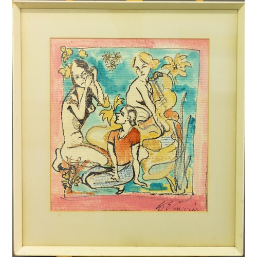 241 - W E CURRAI? (TWENTIETH CENTURY) MIXED MEDIA ON PAPER Three female figures Signed 15” x 13 ½” (38cm x... 