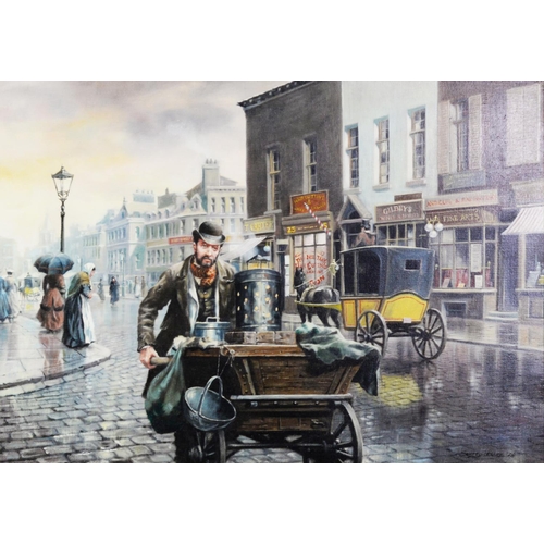 45 - JOHN SEEREY LESTER (1945/46-2020) OIL ON CANVAS Bygone street scene with chestnut roaster pushing hi... 