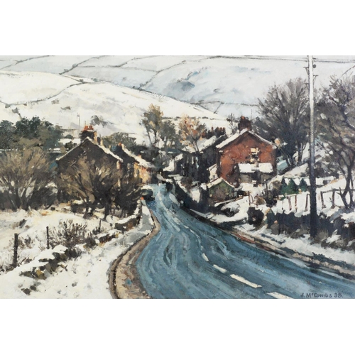 54 - JOHN McCOMBS (b.1943) OIL ON BOARD‘Grains Road, Delph, Winter’ Signed and dated (19)88, titled verso... 