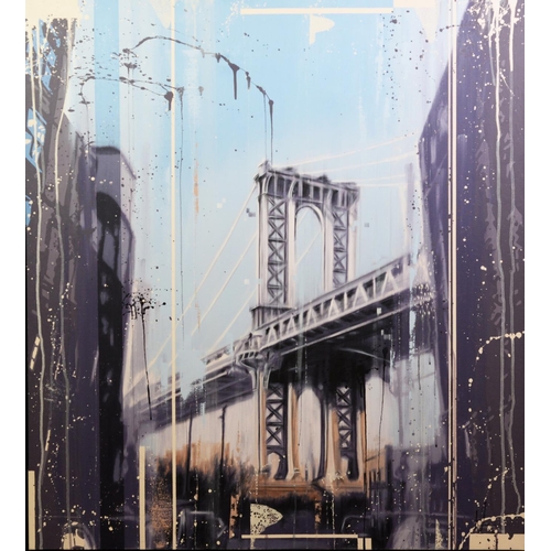 116 - KRIS HARDY (b.1978)MIXED MEDIA ON CANVAS ‘Manhattan’ Signed, titled to gallery label verso 40” x 36”... 