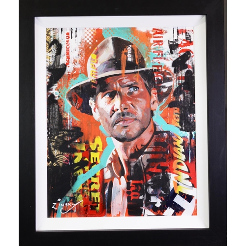 149 - ZINSKY (MODERN) MIXED MEDIA ON CANVAS‘Indiana Jones’ Signed, titled to gallery label verso 23 ½” X 1... 