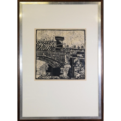 77 - UNATTRIBUTED (TWENTIETH CENTURY) LINOCUT Railway Bridge at Castlefield, Manchester Unsigned 14” x 14... 