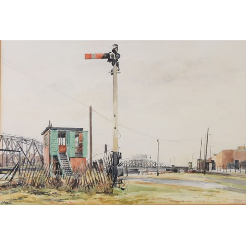 23 - NORMAN HAYES (TWENTIETH CENTURY) WATERCOLOUR ‘Signal, Near Trafford Bridge’,Signed, titled to artist... 