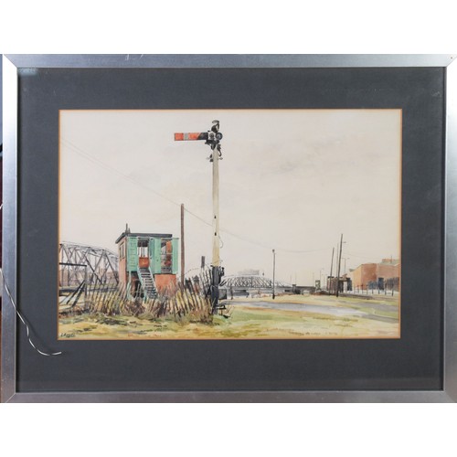 23 - NORMAN HAYES (TWENTIETH CENTURY) WATERCOLOUR ‘Signal, Near Trafford Bridge’,Signed, titled to artist... 