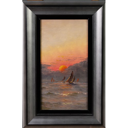 142 - UNATTRIBUTED (TWENTIETH CENTURY BRITISH SCHOOL)OIL ON BOARD Seascape with sailing craft at sunset Un... 