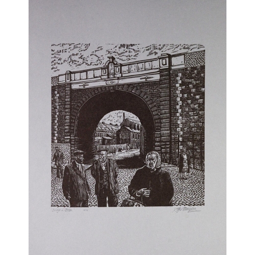 19 - ROGER HAMPSON (1925 - 1996) LINOCUT ON GREY PAPER Bridge in Bolton Signed lower right, titled and nu... 