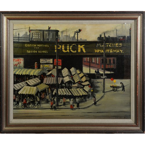 49 - A.N. LEWIS OIL PAINTING Street market near Bolton Signed and dated (19)'87 lower right 16in x 19 3/4... 