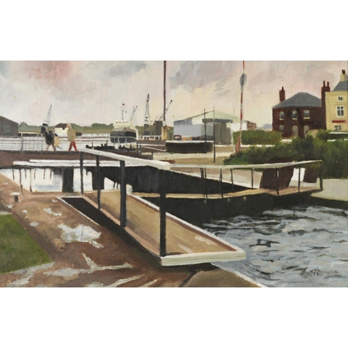 17 - ROGER HAMPSON (1925 - 1996) OIL PAINTING ON BOARD Glasson Dock Signed lower right and titled and num... 