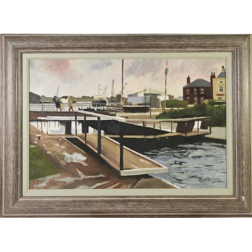 17 - ROGER HAMPSON (1925 - 1996) OIL PAINTING ON BOARD Glasson Dock Signed lower right and titled and num... 