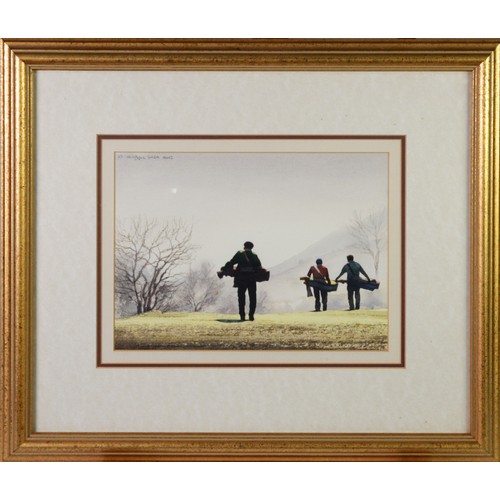 50 - BOB LITTLEFORD FRSA BWS WATERCOLOUR DRAWING Three golfers walking between holes Signed 8in x 11in (2... 