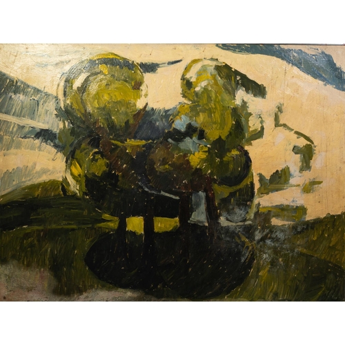 37 - COLIN JELLICOE (1942-2018) OIL ON BOARD Copse of trees Unsigned 36” x 48” (91.4cm x 122cm) C/R- bad ... 