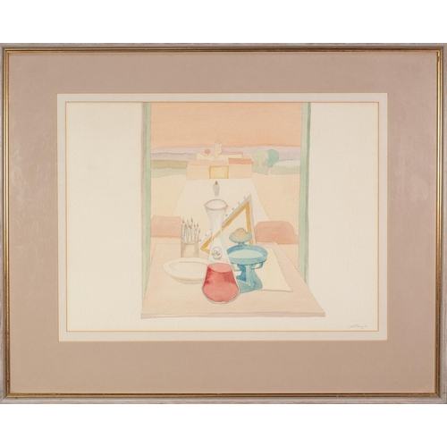 66 - JOHN PICKING (b.1939) WATERCOLOUR Still life before open window Signed and dated (19)79 13 ¼” x 17 ¾... 