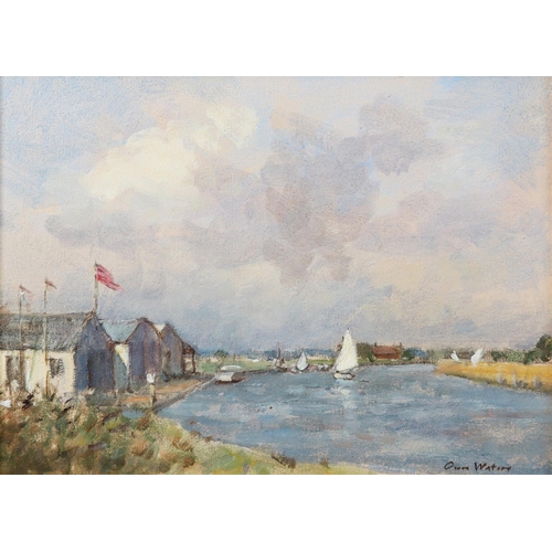 82 - OWEN WATERS (1916-2004) OIL ON BOARD The Fens, Norfolk with sailing boats and buildings Signed 8 ¼” ... 