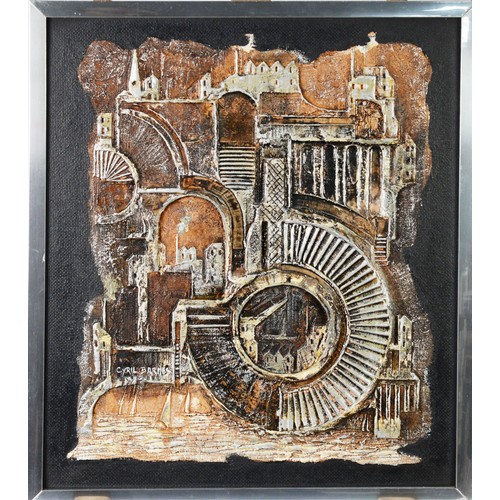 3 - CYRIL BARNES (1927-2000)MIXED MEDIA RELIEF PLAQUE Semi abstract coastal townscapeSigned 17 ¾” x 15 ½... 