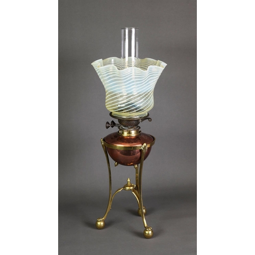 17 - W A S BENSON COPPER AND BRASS OIL TABLE LAMP WITH VASELINE GLASS SHADE BY JAMES POWELL & SONS, t... 