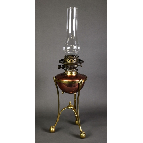 17 - W A S BENSON COPPER AND BRASS OIL TABLE LAMP WITH VASELINE GLASS SHADE BY JAMES POWELL & SONS, t... 