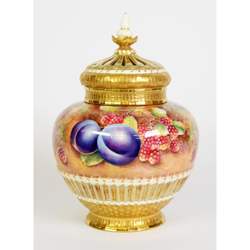 74 - ROYAL WORCESTER FRUIT PAINTED CHINA POT POURRI VASE AND COVER BY BRIAN LEAMAN, circa 1970, of swolle... 