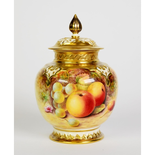 75 - ROYAL WORCESTER FRUIT PAINTED CHINA VASE AND COVER BY JOHN REED, circa 1970, of lobated, footed form... 