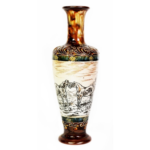 66 - HANNAH BARLOW FOR DOULTON LAMBETH, SGRAFITTO DECORATED POTTERY VASE, of tapering, footed form with c...