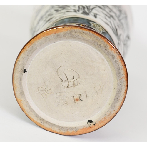 66 - HANNAH BARLOW FOR DOULTON LAMBETH, SGRAFITTO DECORATED POTTERY VASE, of tapering, footed form with c...