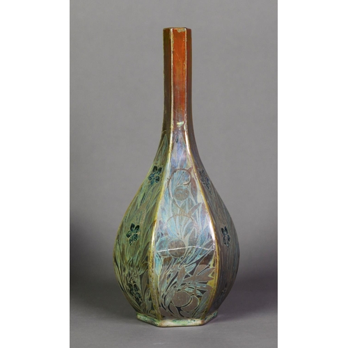 57 - PILKINGTONS LUSTRE GLAZED POTTERY VASE BY GLADYS ROGERS, of hexagonal bottle form with conforming fo... 