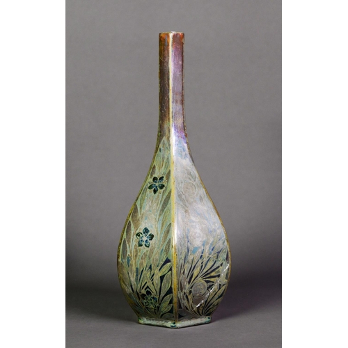 57 - PILKINGTONS LUSTRE GLAZED POTTERY VASE BY GLADYS ROGERS, of hexagonal bottle form with conforming fo... 