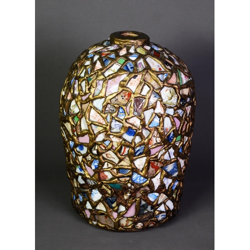 49 - EARLY 20th CENTURY STONEWARE OVOID VASE, clad in a random mosaic/collage of oriental and other ceram... 