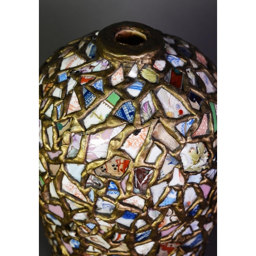 49 - EARLY 20th CENTURY STONEWARE OVOID VASE, clad in a random mosaic/collage of oriental and other ceram... 