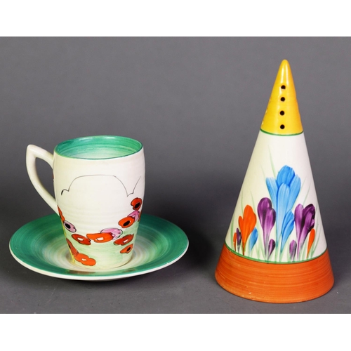 3 - THREE PIECES OF CLARICE CLIFF ‘BIZARRE’ POTTERY, comprising a CROCUS PATTERN CONICAL SUGAR SHAKER, 5... 