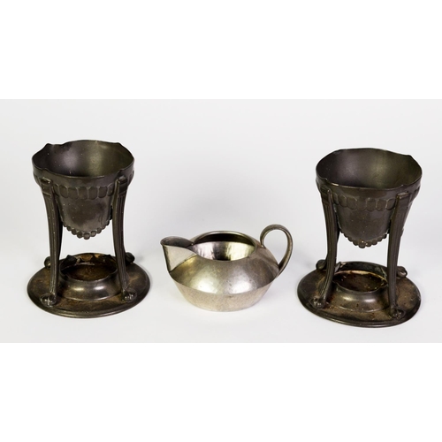 55 - LIBERTY AND CO., 'TUDRIC' ENGLISH PLANNISHED PEWTER SQUAT CIRCULAR MILK JUG, No. 01537 and a PAIR OF... 