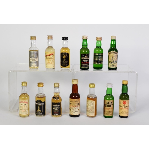 103 - THIRTEEN VINTAGE TRADITIONAL SHAPE 5cl MINIATURE BOTTLES OF MALT SCOTCH WHISKY to include Campbeltow... 