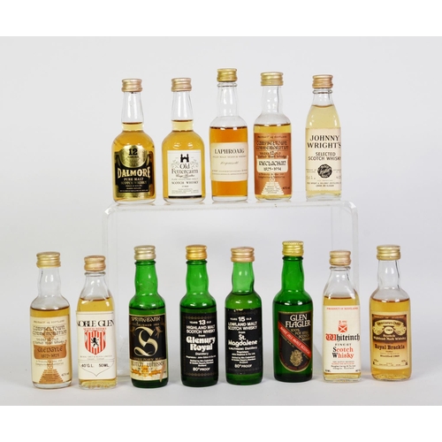 104 - THIRTEEN VINTAGE TRADITIONAL SHAPE 5cl MINIATURE BOTTLES OF MALT SCOTCH WHISKY to include Campbeltow... 