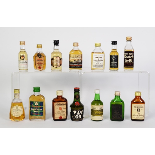 105 - FOURTEEN VINTAGE, VARIOULS SHAPED 5cl AND OTHER MINIATURE BOTTLES OF MAINLY MALT WHISKY, to include ... 