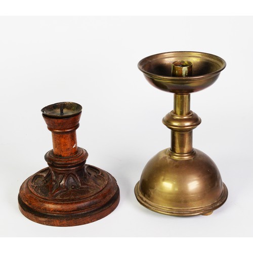 268 - LATE 19TH CENTURY OAK GOTHIC PRICKET CANDLESTICK, plus an ecclesiastic example in brass, the brass e... 