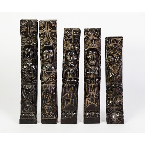 269 - TWO PAIRS OF 19TH CENTURY CARVED OAK PILASTER COLUMNS, with carved figures, plus a further lion mask... 