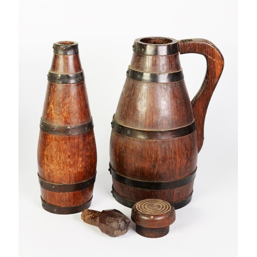 271 - GROUP OF FOUR COOPERED VESSELS, including a bottle, a flagon, a tankard and a vase with copper strap... 