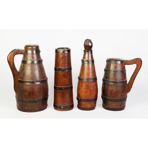 271 - GROUP OF FOUR COOPERED VESSELS, including a bottle, a flagon, a tankard and a vase with copper strap... 