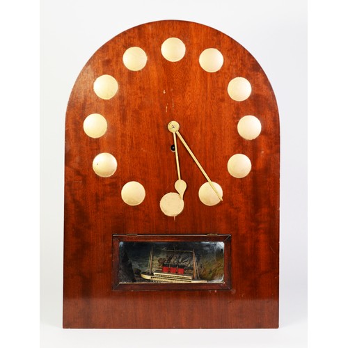 273 - MID-TWENTIETH CENTURY MAHOGANY WALL CLOCK, with gold dot hours and rocking ship pendulum 22 ¼” (56.5... 