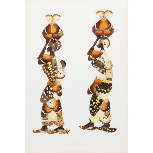 265 - SET OF FIVE AFRICAN BUTTERFLY WING PICTURES, as figures in various poses, each 12 ¾” x 8 5/8” (32.5 ... 