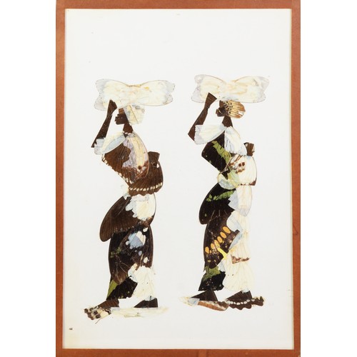 265 - SET OF FIVE AFRICAN BUTTERFLY WING PICTURES, as figures in various poses, each 12 ¾” x 8 5/8” (32.5 ... 