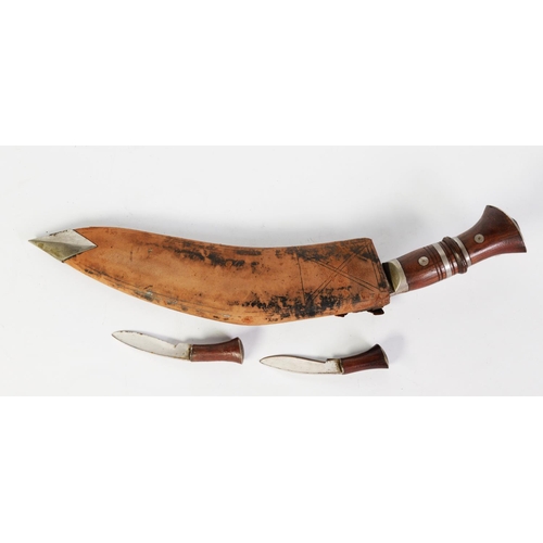 210 - GHURKA KNIFE IN LEATHER CLAD SHEATH WITH TWO SMALLER KNIVES C/R- sheath in poor condition