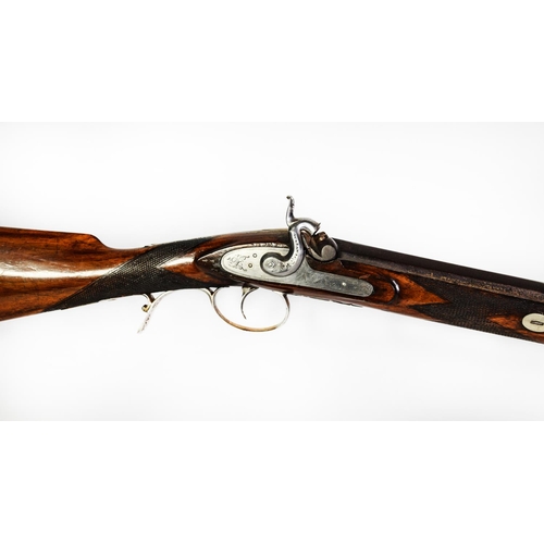 206 - 19th CENTURY PERCUSSION FIRING LARGE BORE SPORTING GUN, the half-stocked barrel 28 1/4