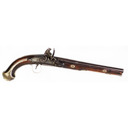 208 - LATE GEORGIAN FLINTLOCK HOLSTER PISTOL, full-stocked barrel, 11 1/2in(29.2cm) long and being octagon... 