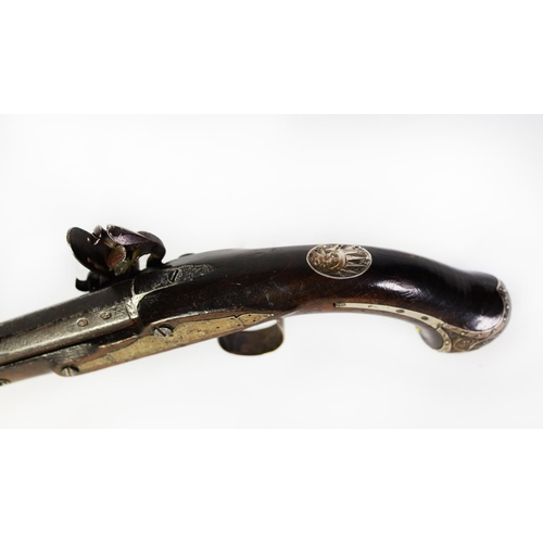 208 - LATE GEORGIAN FLINTLOCK HOLSTER PISTOL, full-stocked barrel, 11 1/2in(29.2cm) long and being octagon... 