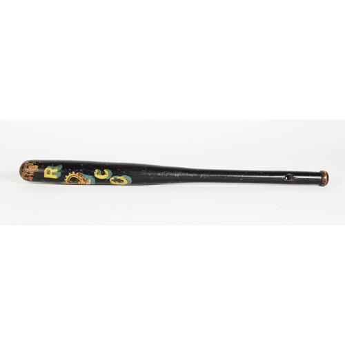 202 - PROBABLY WILTSHIRE CONSTABULARY EBONISED AND PAINTED WOOD CLUB SHAPED TRUNCHEON, decorated with VR a... 