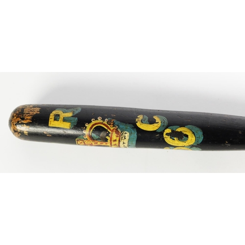 202 - PROBABLY WILTSHIRE CONSTABULARY EBONISED AND PAINTED WOOD CLUB SHAPED TRUNCHEON, decorated with VR a... 