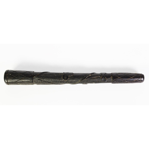 204 - IRISH LATE 19th CENTURY CARVED BOG OAK CUDGEL OR SALMON PRIEST, of turned tapering form with carved ... 