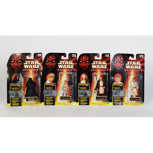 76 - FOUR HASBRO STAR WARS EPISODE I COMM-TALK CHIP MINT CARD MOUNTED FIGURES, viz Obi-Wan Kenobi, Qui-Go... 